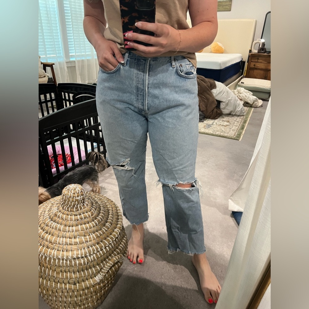 Agolde Light Wash Distressed Straight Crop Jeans